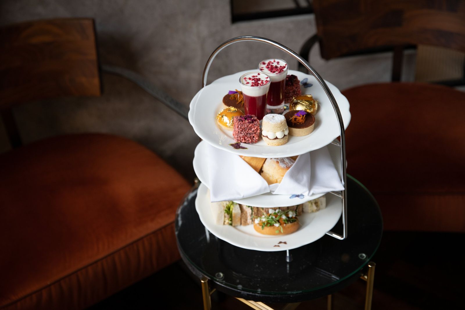 A three-tier afternoon tea stand in the lounge