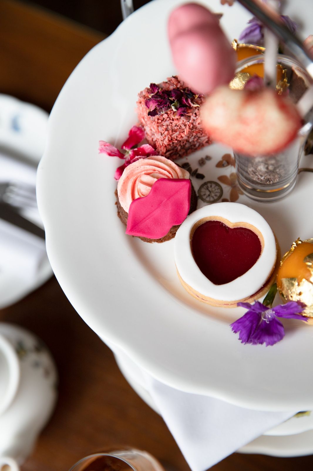 Heart and lip shaped afternoon tea cakes, from above