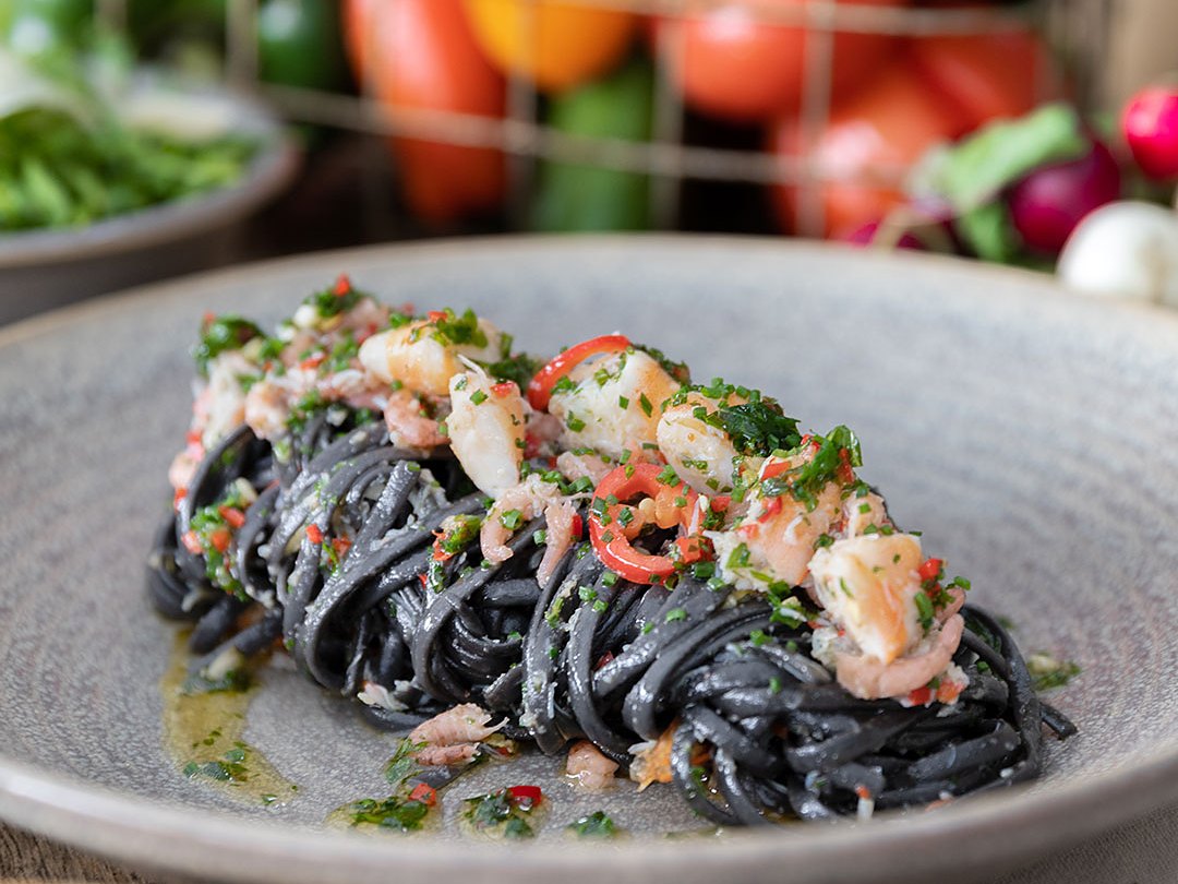 Squid ink linguine with crab and chilli