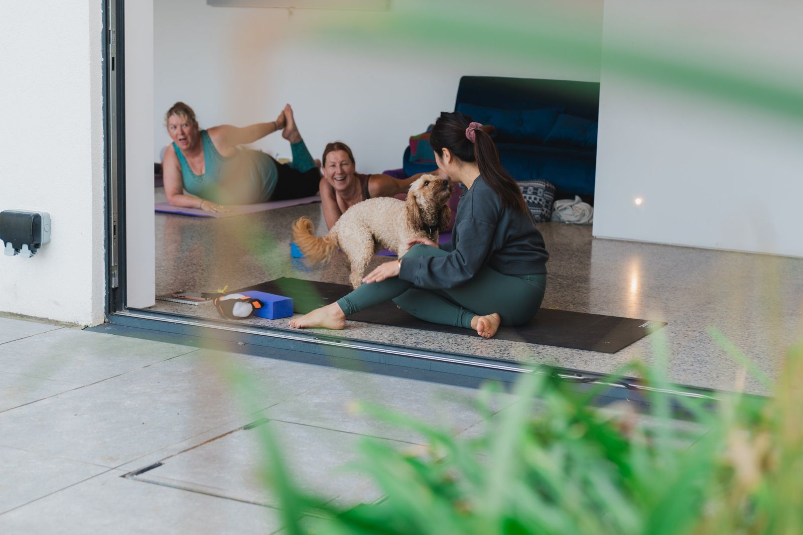 Retreat guests laughing during a yoga class while a dog joins in