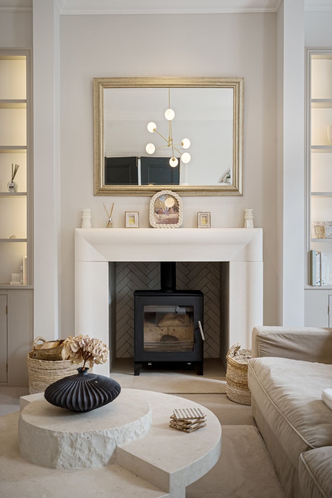 The stone fireplace and wood burner