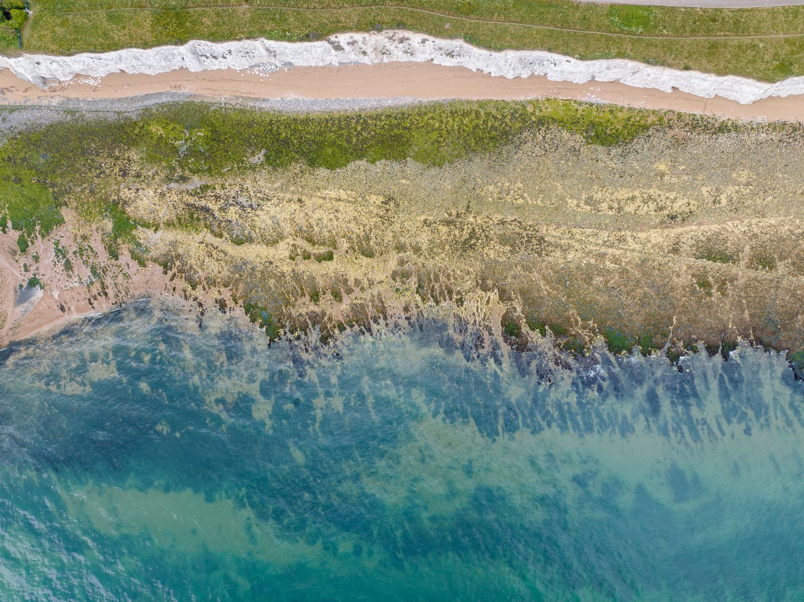 Looking straight down on the chalk cliffs, beach and sea nearby